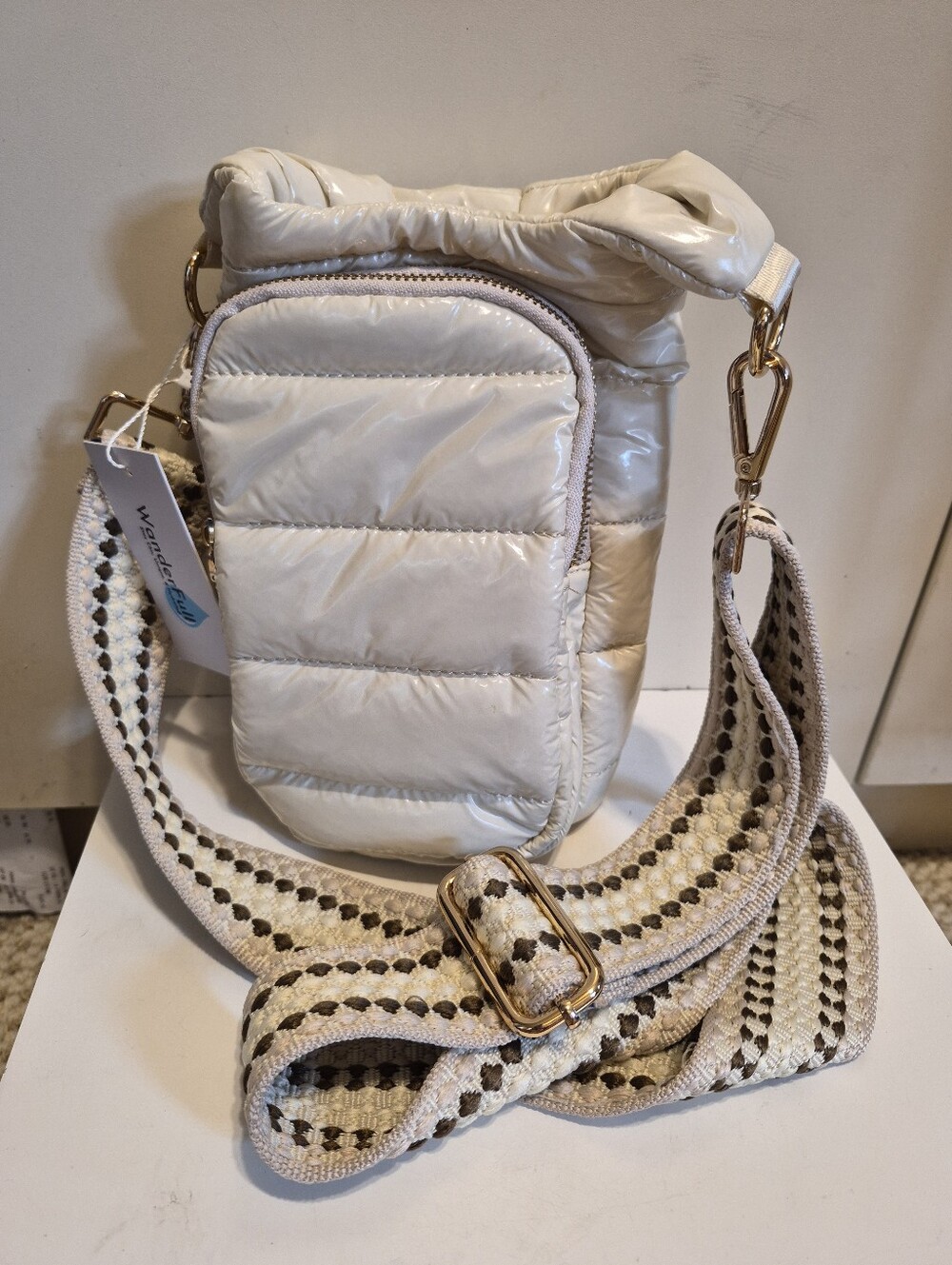 NWT WanderFull "HydroBag" Shiny Ivory Padded Nylon Bag Patterned Strap Ret. $64